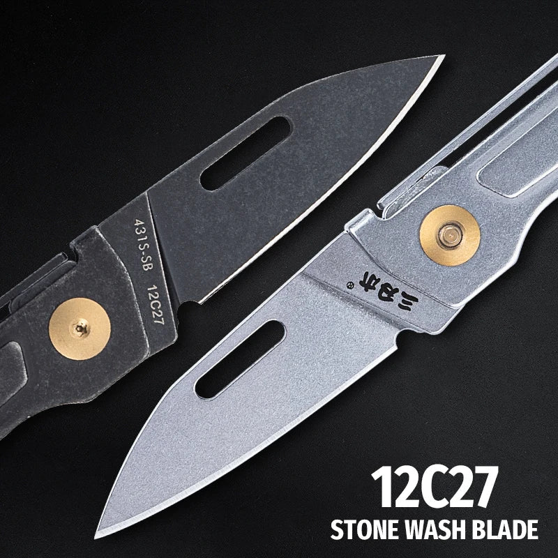 SANRENMU 431S Folding Pocket Knife – 12C27 Blade, Portable EDC Outdoor Camping Knife with Bottle Opener and Keychain Hole
