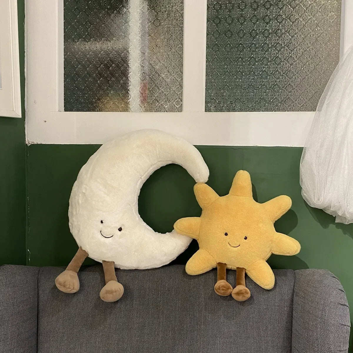 Smile Face Moon & Sun Plush Cushion – Cute Weather Stuffed Toy for Kid's Bedroom Decor & Sofa Throw Pillow