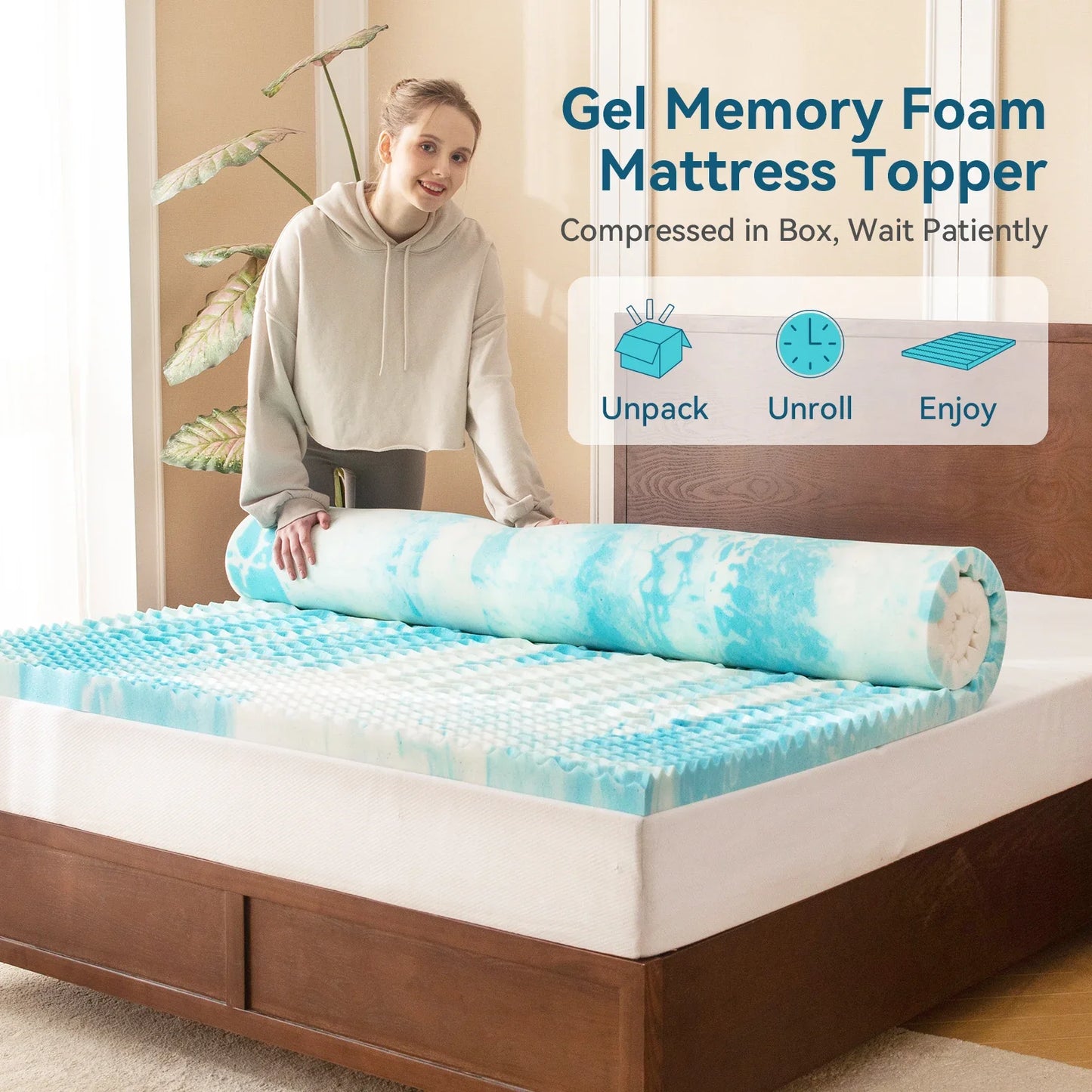 Hcore 5-Zone Cooling Gel Memory Foam Mattress Topper – Pressure Relief Bed Topper for Comfort & Support (Blue)