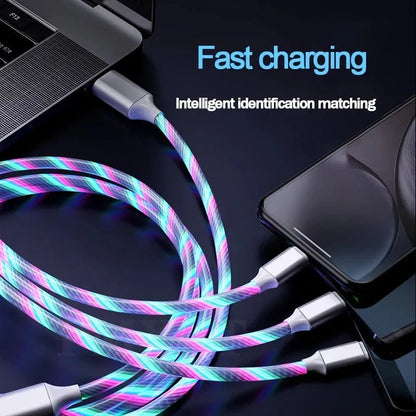 3-in-1 LED Glowing Charging Cable – 3A Micro USB & Type-C Flowing Streamer Cord for iPhone, Xiaomi & Huawei