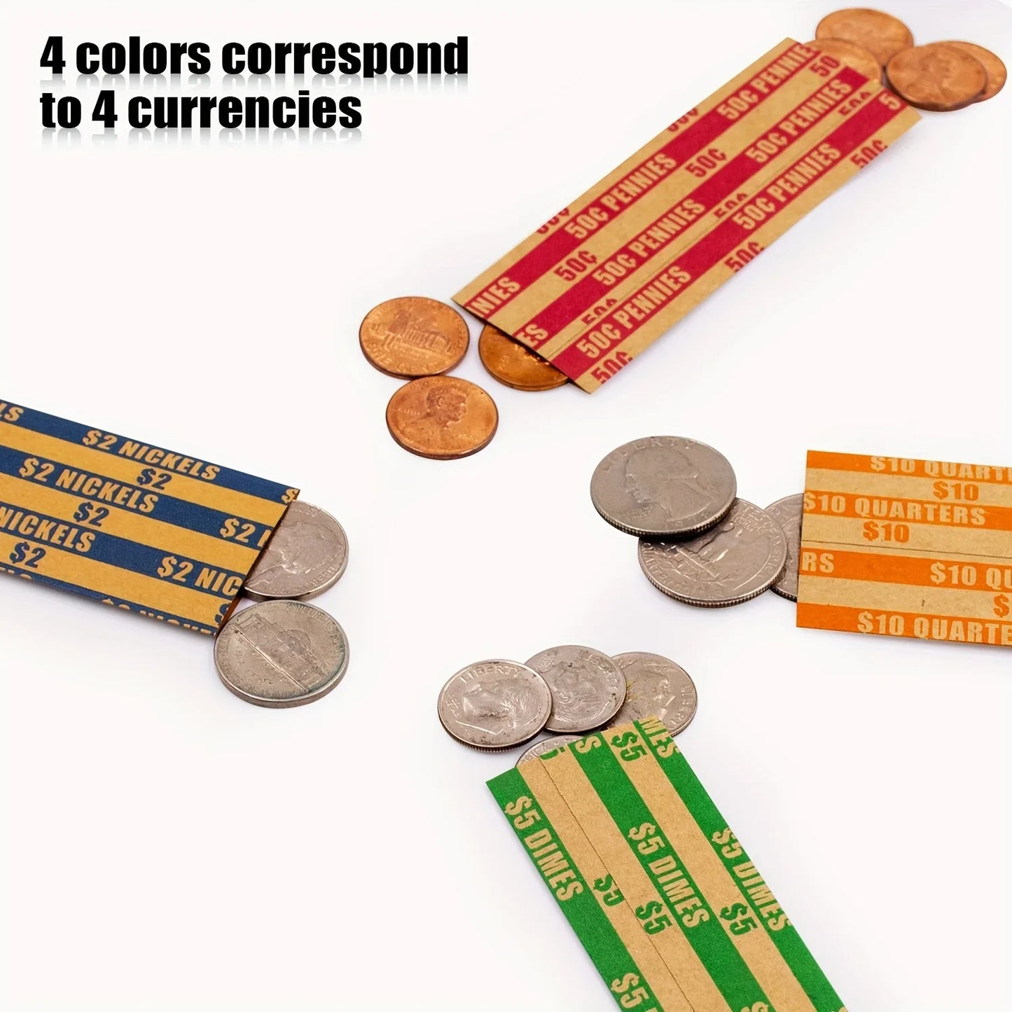 150pcs Assorted Coin Wrappers – ABA Standard Flat Striped for Quarters, Dollars, Dimes, Nickels & Pennies