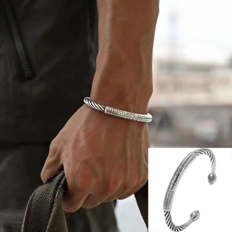 Retro Tibetan Six-Character Mantra Bracelet — Silver Plated Lotus Cuff for Men