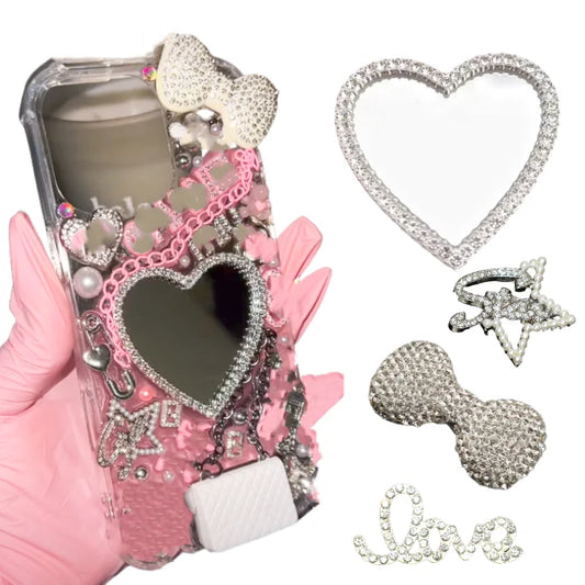 2Pcs Metal Full Diamond Bow Heart Mirror Handbag & Parfum Bottle Phone Case Decoration – Flat Back DIY Craft Accessories