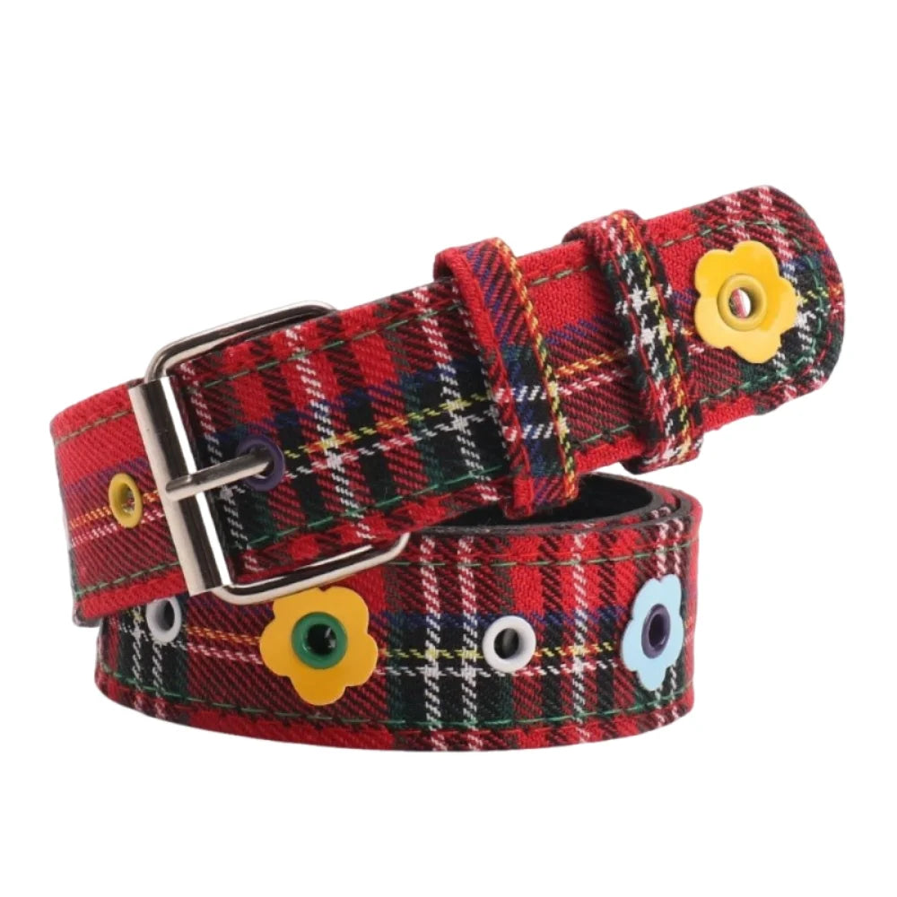 Y2K Red Plaid Adjustable Waist Belt with Pin Buckle – Punk Style Cute Fashion Waistband for Women