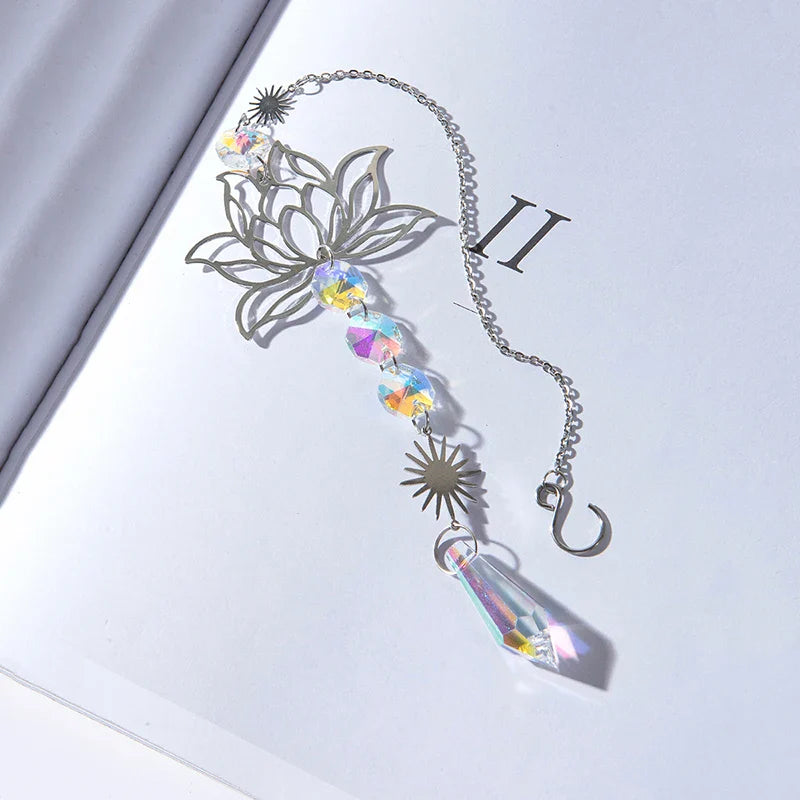 Metal Lotus & Crystal Suncatcher Charm – Handmade Wind Chime Pendant for Home, Garden, and Outdoor Decoration