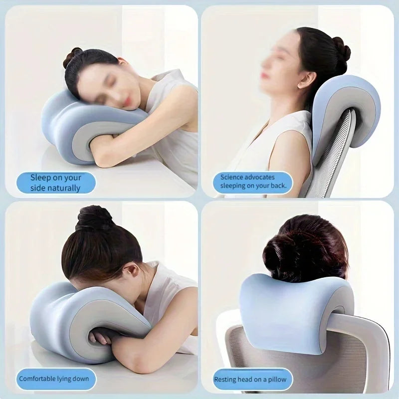 Ergonomic Office Nap Pillow – Portable Light Blue Neck Support Cushion with Adjustable Strap for Supine & Natural Sleep
