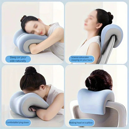 Ergonomic Office Nap Pillow – Portable Light Blue Neck Support Cushion with Adjustable Strap for Supine & Natural Sleep