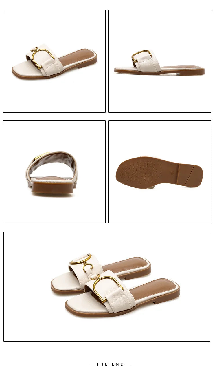 Women’s Flat Slippers — Summer Leather Square Toe Flats, Designer Slides & Luxury Sandals