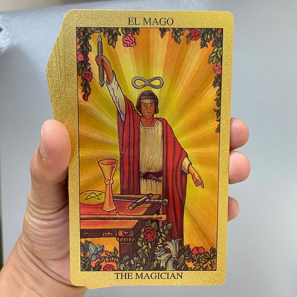 Spanish & English Golden Foil Tarot Cards – 12x7cm Divination Deck for Beginners with 2-Language Guidebook