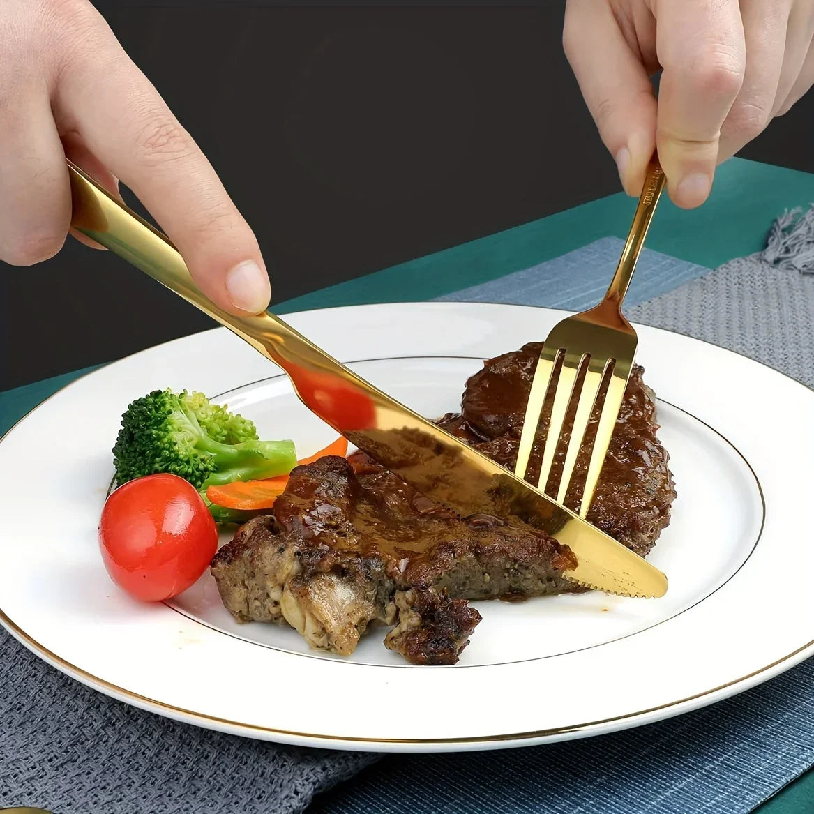 24-Piece Stainless Steel Black Flatware Set — Elegant Knife, Fork & Spoon Cutlery with Mirror Polish, Gold Accents, Dishwasher Safe