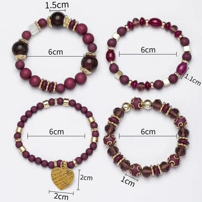 Bohemian Acrylic Beaded Bracelet Set – Solid Heart Charm Elastic Bangles for Women & Men, Retro Daily Wear Jewelry Gift