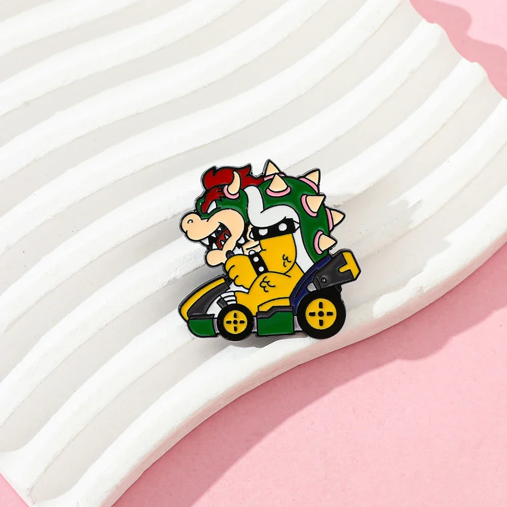 Dinosaur Racing Kart Enamel Brooch - Classic Game Character Metal Lapel Pin Collectible Gift for Fans