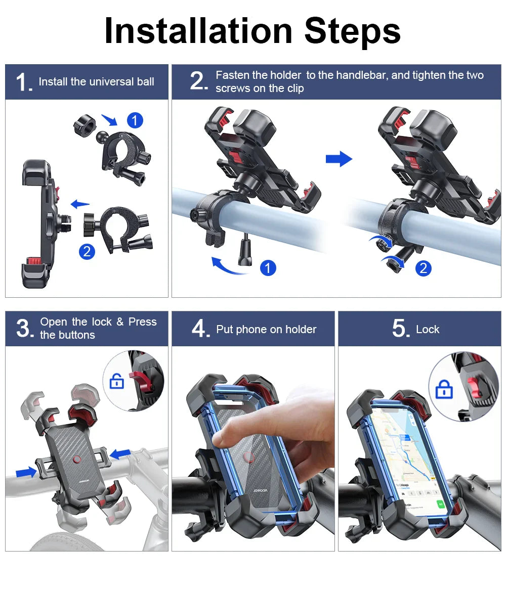 Joyroom Universal Bike Phone Holder — 360° Rotatable Shockproof Stand for 4.7-7 inch Mobile Phones, GPS Clip