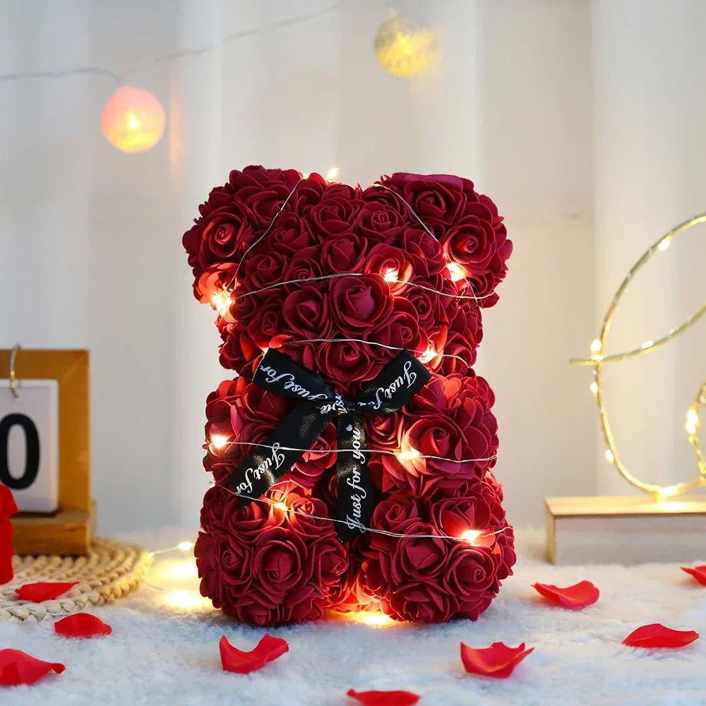 25cm Teddy Bear with Artificial Roses in Box – Romantic Valentine’s Day & Anniversary Gift for Women