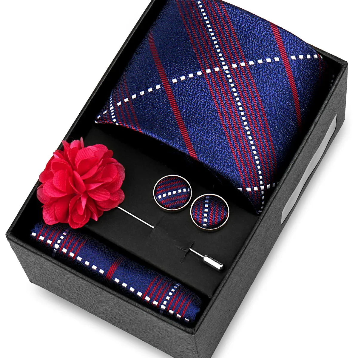 Elegant Men’s Necktie Gift Set - Fashion Tie with Handkerchief, Cufflinks & Brooch Pin Accessories for Business & Wedding