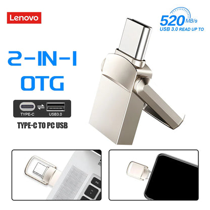 Original Lenovo 2TB USB 3.1 Pendrive – Metal 2-in-1 OTG Flash Drive for Phone & Computer (128GB, 512GB, 1TB, 2TB)