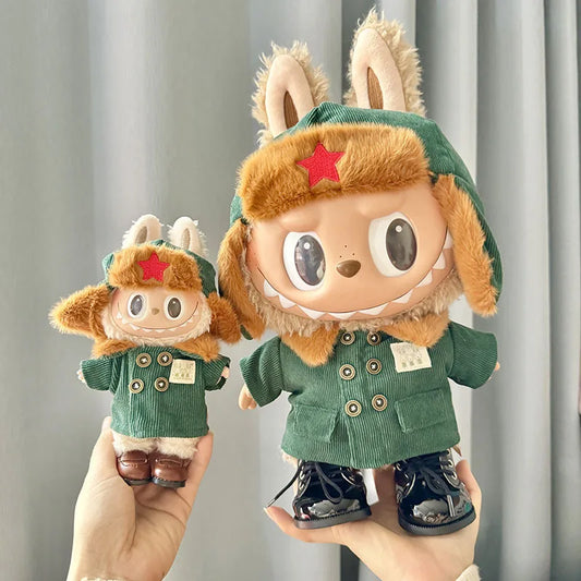 17cm Labubu Monster Doll Clothes – DIY Army Green Coat & Red Star Hat Outfit Accessories