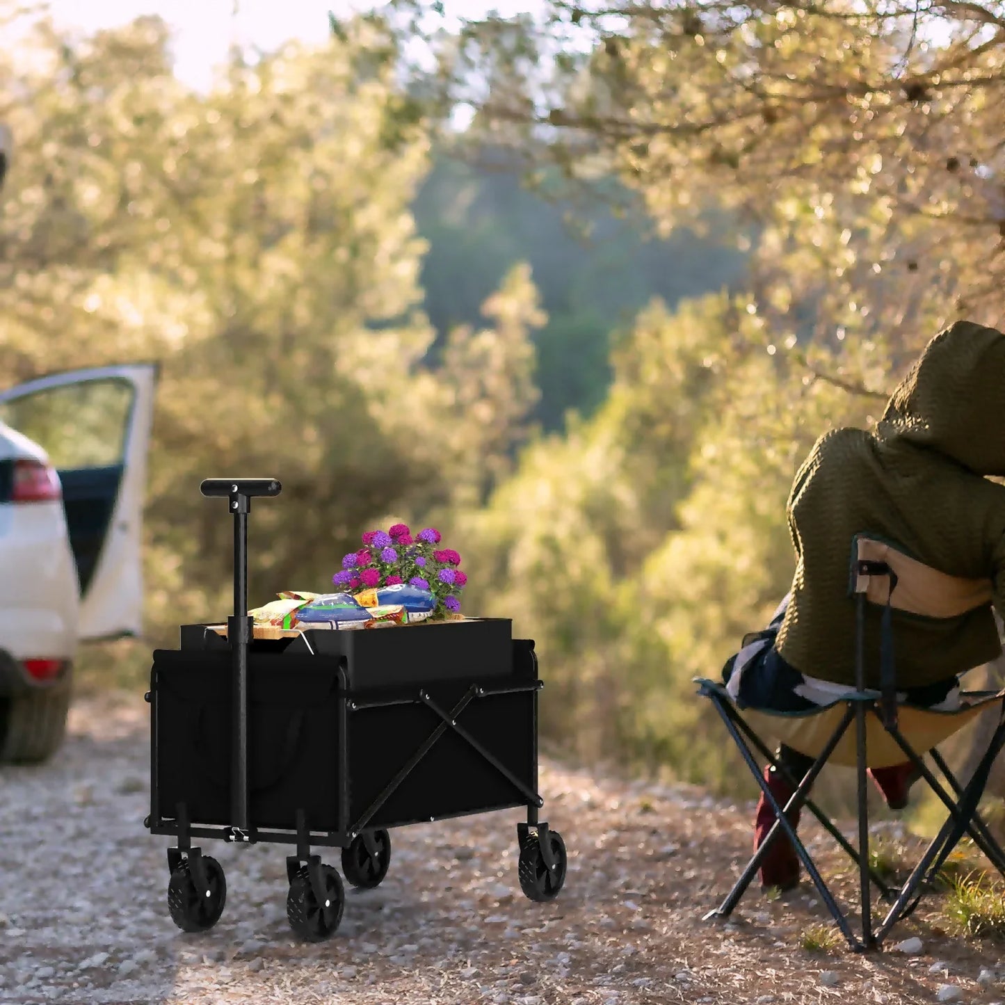 4-Wheel Foldable Garden Handcart – Heavy-Duty Portable Cargo Cart with One-Hand Carry & Easy Storage