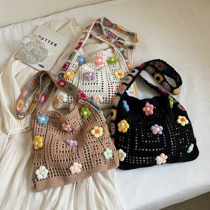 Women’s Boho Crochet Tote Bag – Floral Knitted Large Capacity Beach Shoulder Bag Summer Woven Shopper Handbag
