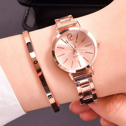 2PCS Set Luxury Women's Watches – Simple Dial, Hollow Strap Gold Bracelet Quartz Wristwatch for Students & Ladies