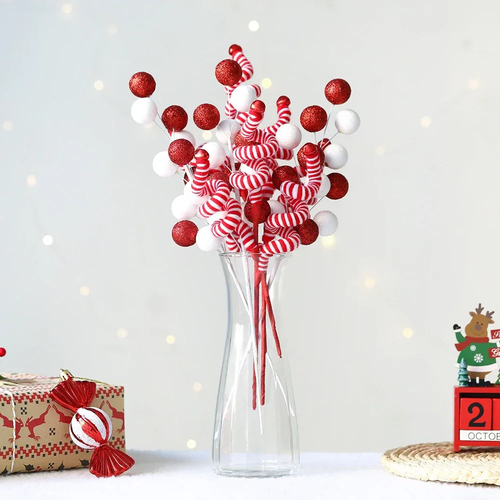 1/2PCS Red & White Woolen Bells – Candy Cane Branches for Xmas Tree, DIY Crafts, Vase & Wreath Christmas Decorations