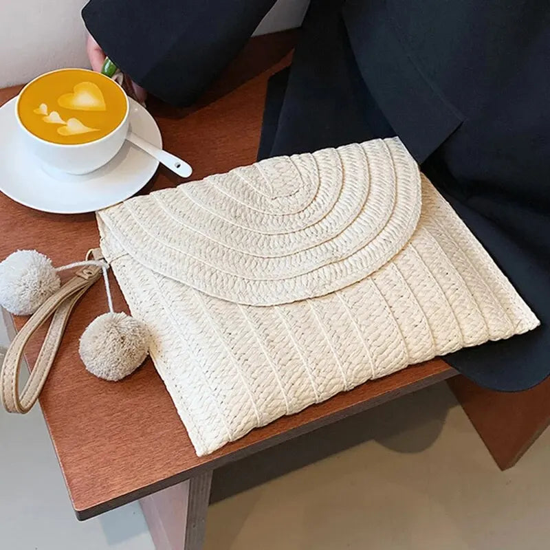 Handmade Straw Beach Bag – Small Woven Summer Shoulder Crossbody Clutch with Hair Ball