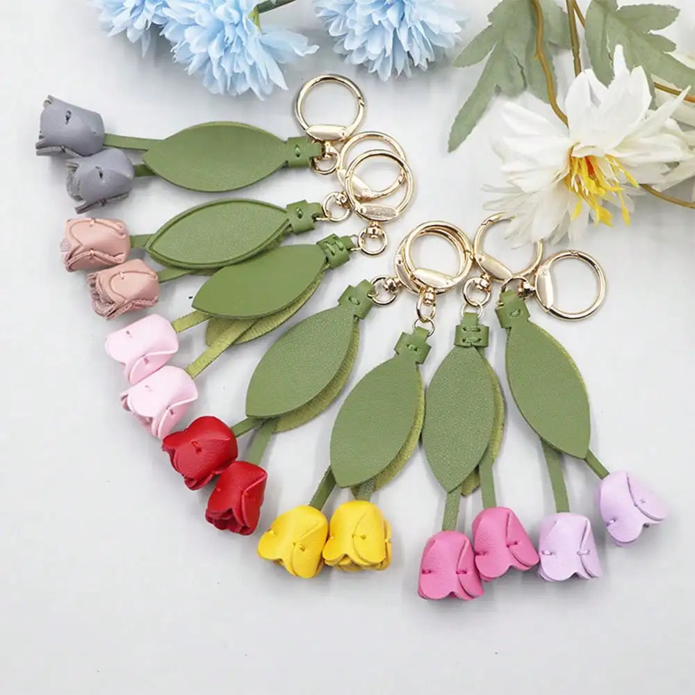 Fashion Tulip PU Leather Bag Charm Keychain – Cute Flower & Leaf Pendant, Creative Handbag Decoration Gift for Family & Friends