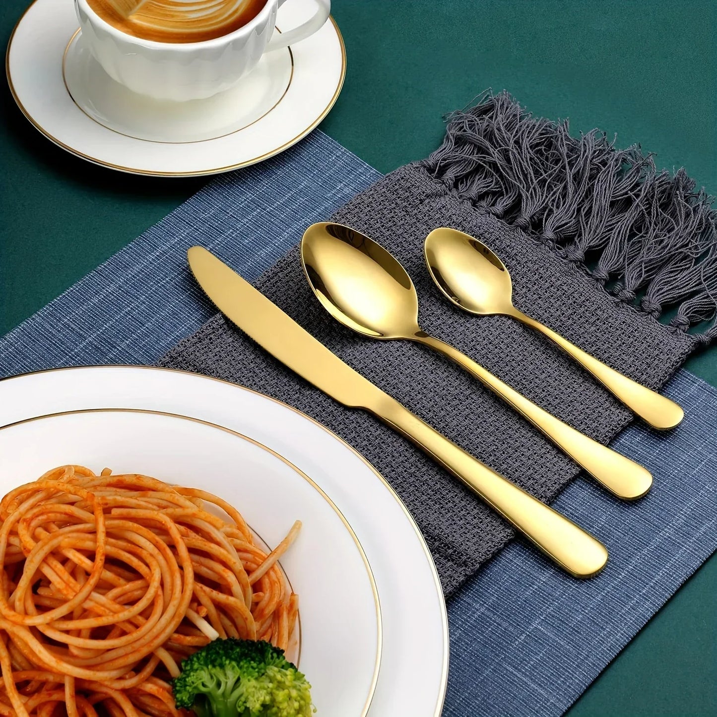 24-Piece Stainless Steel Black Flatware Set — Elegant Knife, Fork & Spoon Cutlery with Mirror Polish, Gold Accents, Dishwasher Safe
