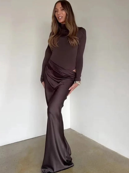 JULISSA MO Women’s Patchwork Satin Maxi Dress – Sexy One-Shoulder Brown Sleeveless Evening Party & Clubwear Dress