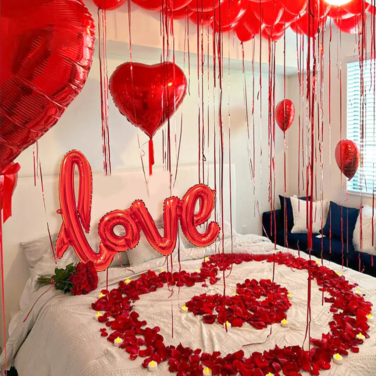407PCS Red "Love" Letter Balloon Set – 18-Inch Heart-Shaped Balloons & Rose Petals for Valentine’s Day, Anniversary & Party Decoration