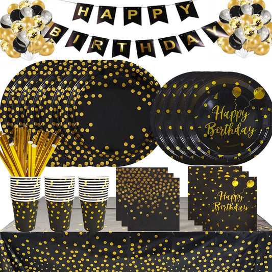 Black Gold Birthday Disposable Tableware Set - Paper Plates, Cups, Napkins, Tablecloth for Adult Happy Birthday Party Decoration and Wedding