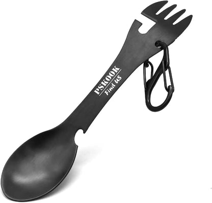 5-in-1 Tactical Spork — Stainless Steel Spoon, Fork, Knife, Can & Bottle Opener Combo for Camping & Hiking