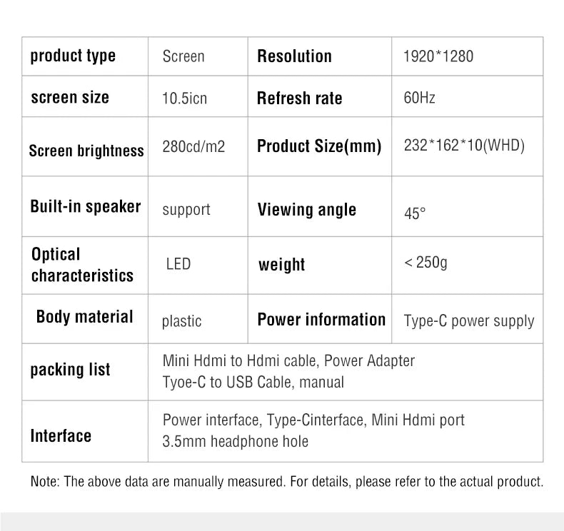 Anmite 10.5" Portable Monitor — 1280P HDR, 16:10 Low Blue Light Display for Xbox, PS4/PS5, Switch, PC & Laptop Extension