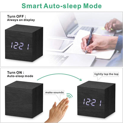 Wooden Digital Alarm Clock – LED Desktop Clock with Temperature Display, Sound Control, USB/AAA Powered Bedside Clock