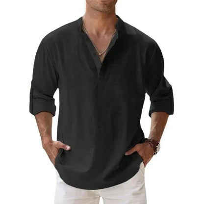 Men’s Lightweight Long Sleeve Henley Shirt — Cotton Linen Streetwear, Beach & Hawaiian Style