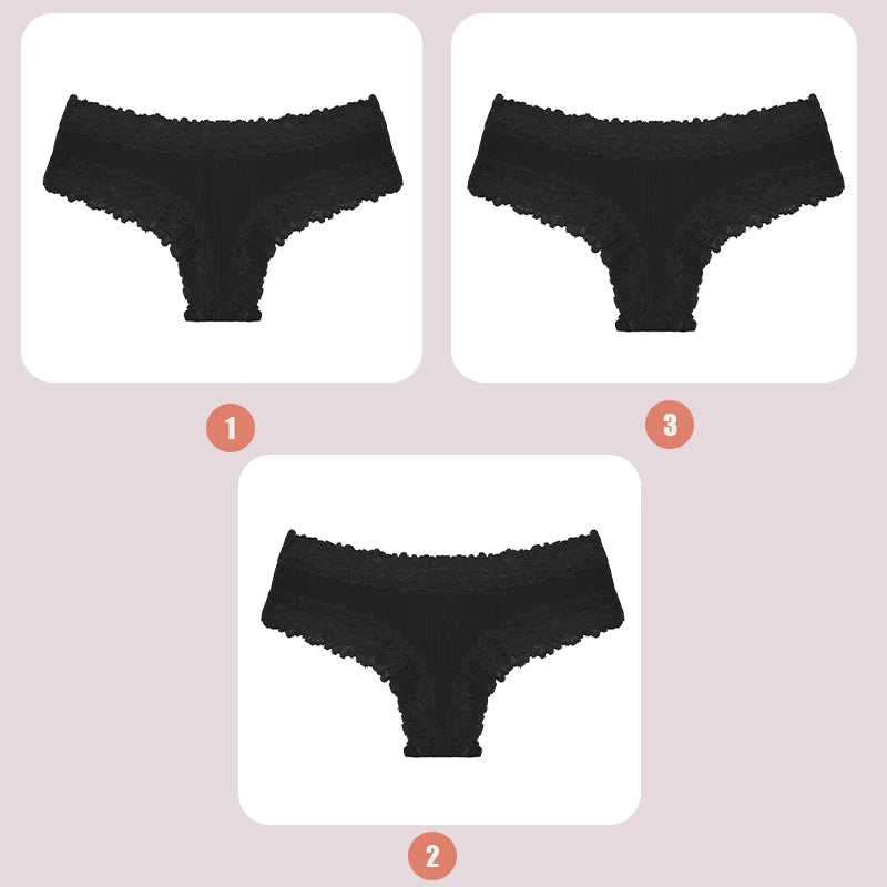 3PCS Lace Seamless Cotton Panties - Ribbed Brazilian Low Waist, Breathable Women’s Underwear, Plus Size Lingerie