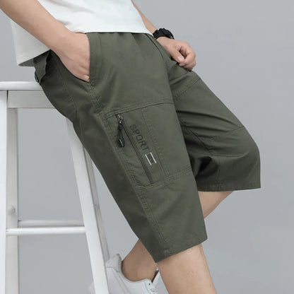 Men's Cargo Knee Shorts - Cotton Summer Climbing Jogger Pants with Zipper Pockets & Elastic Waist