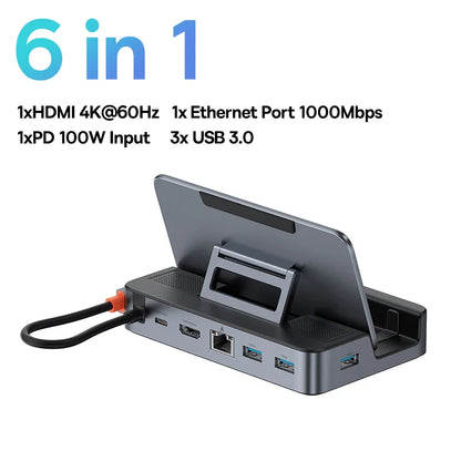 Baseus 6-in-1 USB-C Docking Station Hub — 4K HDMI, Gigabit Ethernet, USB 3.0 | Compatible with Steam Deck & Nintendo Switch