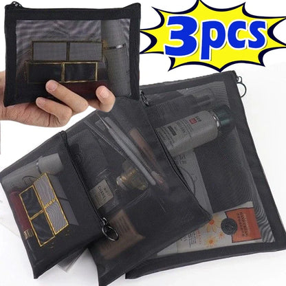 1/3pcs Mesh Clear Cosmetic Bags — Small & Large Black Makeup Travel Organizer Pouches for Toiletries & Lipstick Storage