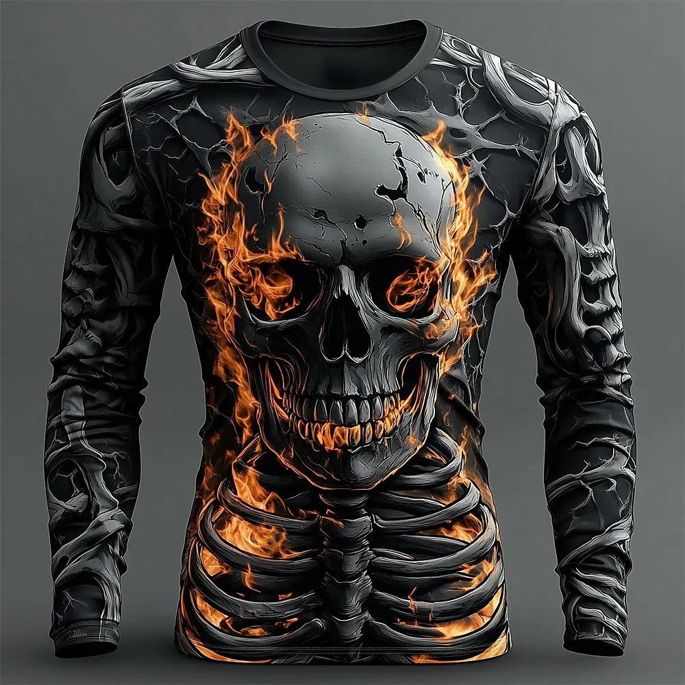 Men's Skeleton Print Long Sleeve T-Shirt - Gothic Halloween Streetwear Casual Top