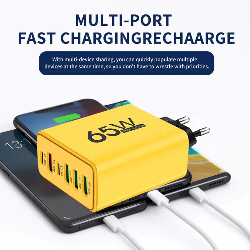 USB Type C 6-Port Wall Charger - PD Fast Charging for iPhone 15/14 Pro Max, Samsung, Xiaomi, Huawei Mobile Phones