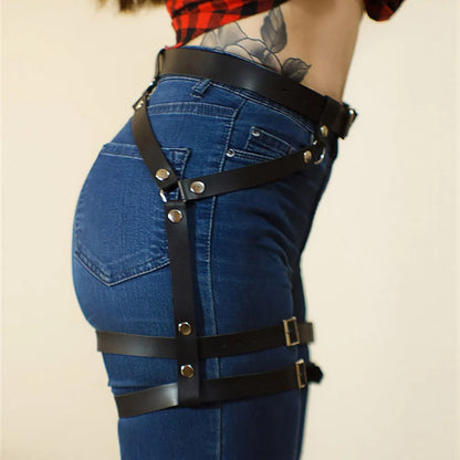 Sexy Pu Leather Studded Leg Harness for Women - Fetish Clothing Bondage Lingerie with Suspenders, Harness Decoration