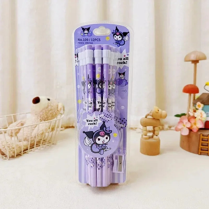 12pcs Sanrio Cinnamoroll & Kuromi Cute Cartoon HB Pencils - Writing & Drawing Stationery Box Set with 12 Pencils & 1 Pencil Roller