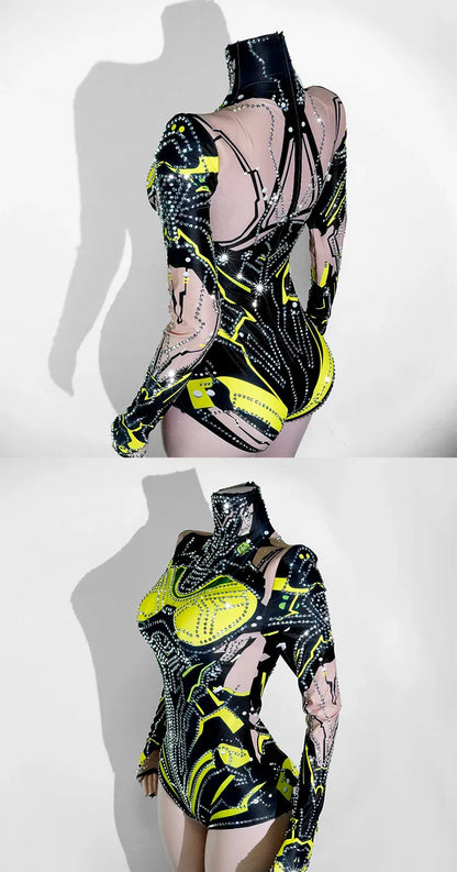 Sexy Sparkly Green Rhinestone Bodysuit – Stage Dance Costume for Party, Bar Show, Drag Queen, Cosplay & Halloween