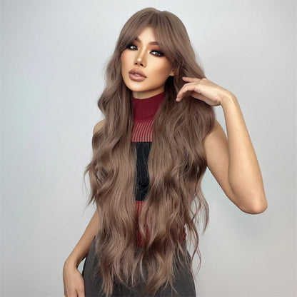 Super Long Curly Wavy Brown Synthetic Wig with Bangs – Heat-Resistant Afro Style for Cosplay, Party, Halloween, White Women