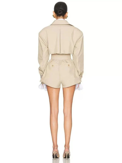 Women’s Winter Sexy Lapel Long Sleeve Belted Double-Breasted Jumpsuit Shorts, Elegant Evening Party Runway Outfit