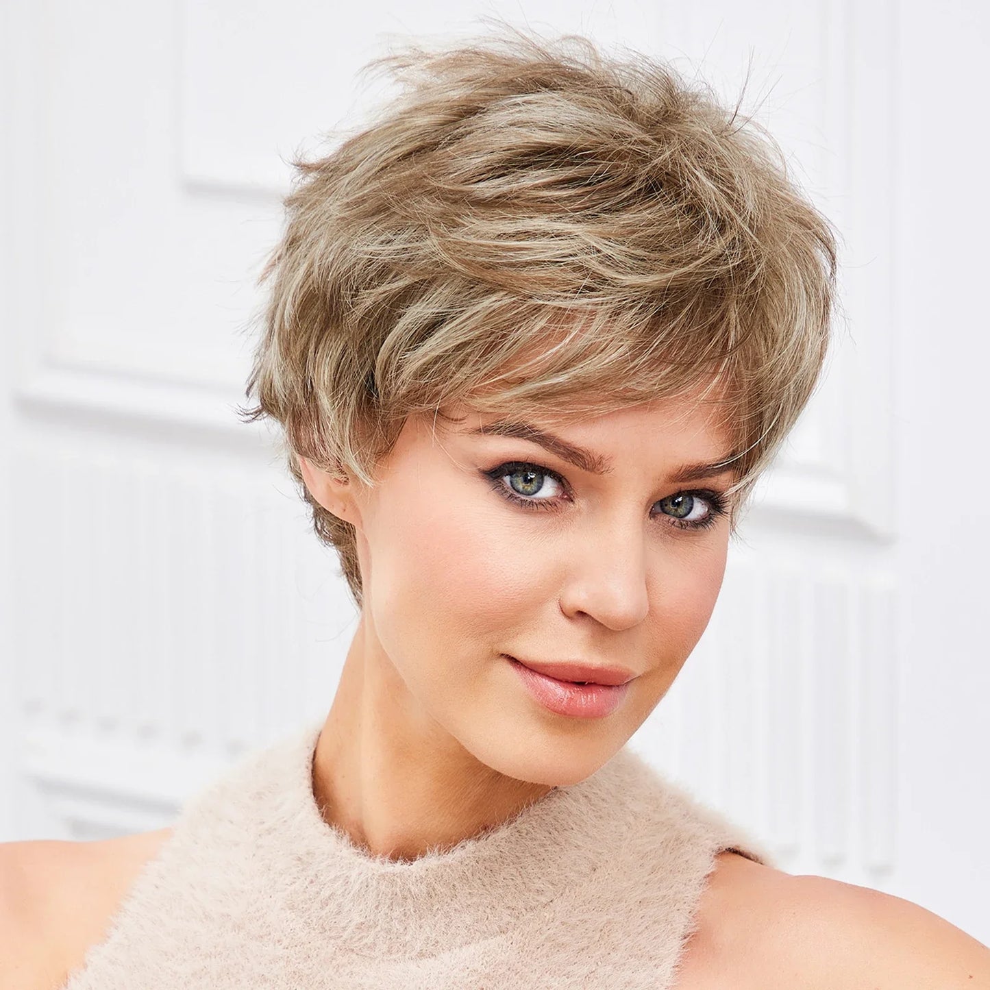 Light Blonde Mixed Off-White Pixie Cut Wig for Women – Bangs with Kanekalon Human-Hair-Like Texture, Natural Layered Hair