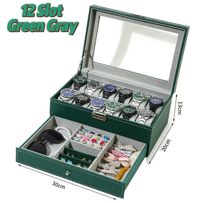 2024 12-Slot Leather Watch Storage Box — Lockable 2-Tier Organizer & Jewelry Display Drawer for Men & Women
