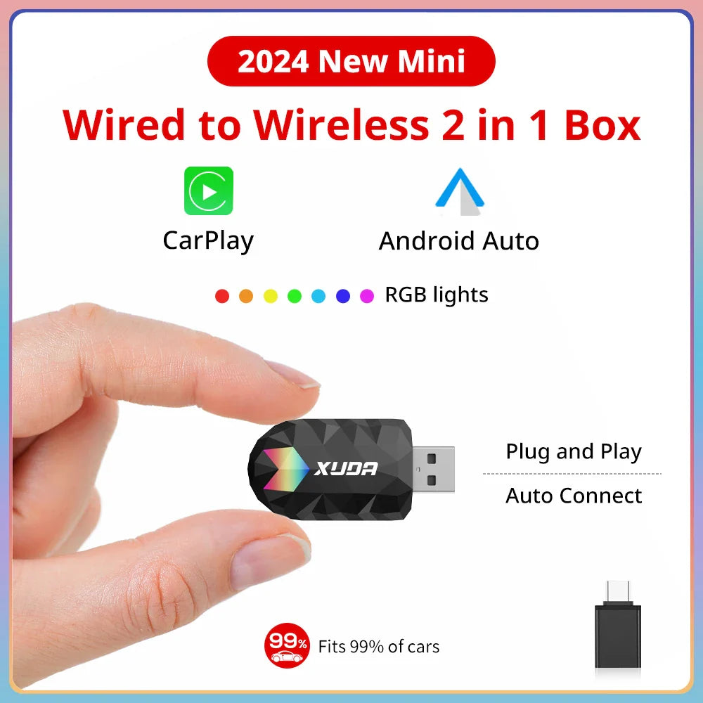 XUDA 2-in-1 Wireless CarPlay & Android Auto Mini Box — Plug & Play AI Adapter Compatible with 99% of Car Radios