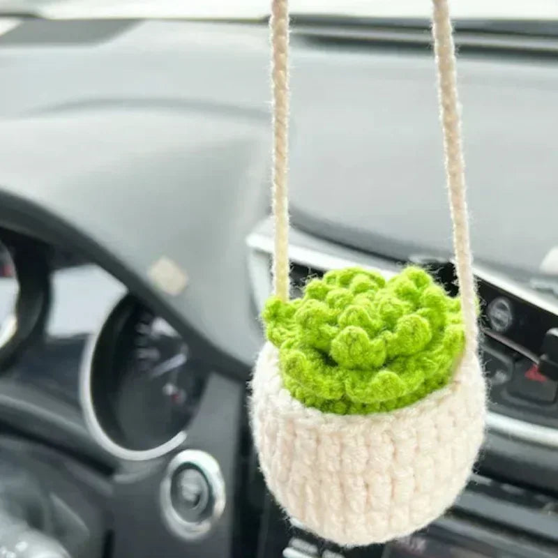 Cute Crochet Potted Plants Car Basket – Hanging Car Decor & Rear View Mirror Ornament Accessories